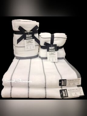 8pc DKNY White Dark Gray Dot Pin Stripe Bath / Hand / Washcloth Towel Set New